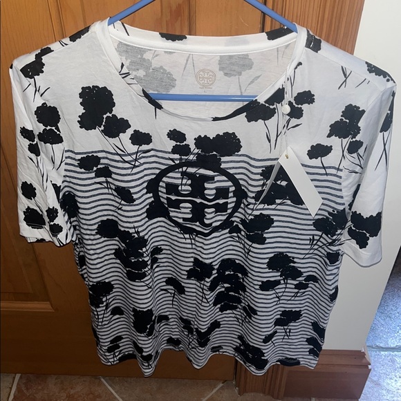 Tory Burch Monochrome Floral Striped Tee, NWT - Picture 1 of 6